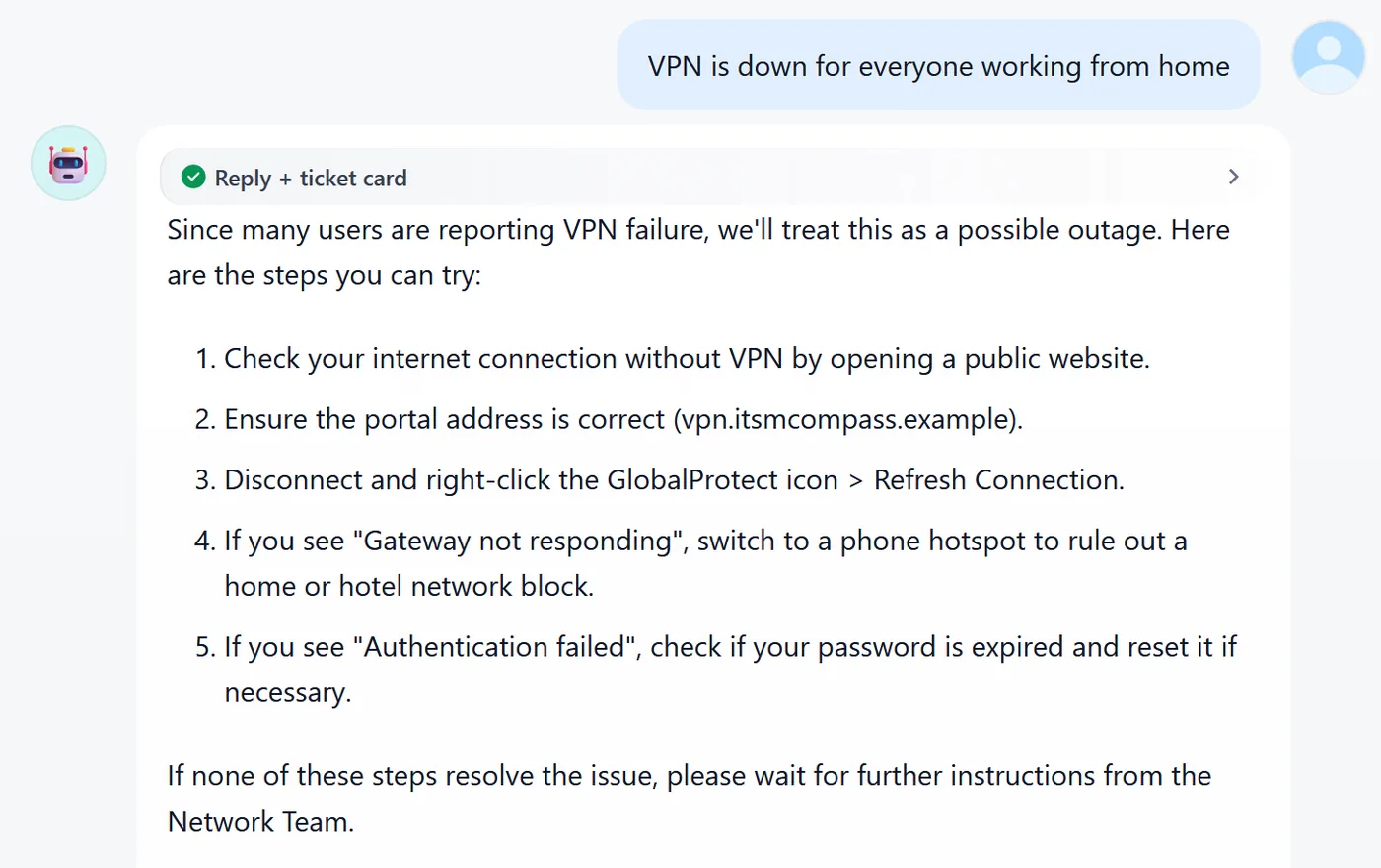 AI Service Desk chat: a user reports that VPN is down for everyone working from home, and the assistant replies with first steps and a P1 ticket card