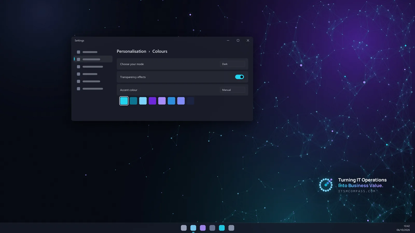 A Windows 11 desktop with the ITSM Compass network wallpaper, dark mode and the cyan accent colour